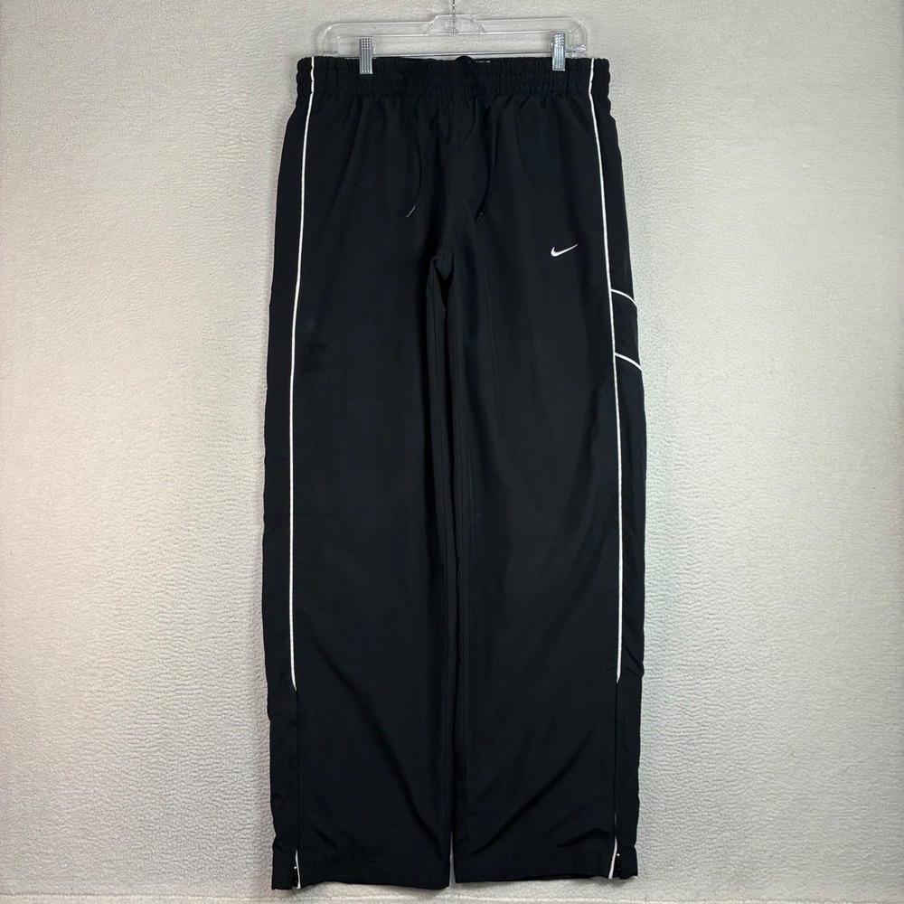 Y2K Nike Baggy Track Pants Men L Black Drawstring Windbreaker Loose Ankle Zip